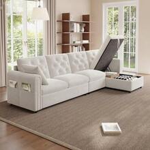 Modern Velvet Sofa With Corner Storage, L-Shaped Storage Compartment That Can Be Rotated Left And Right, Side Armrests With Magazine Pockets, Tufted Backrest. Beige. (281 * 86 * 71 Cm) - Beige - View 8