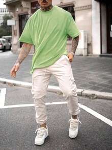 Men's Solid Color Low Elasticity Minimalist Summer Versatile Lightweight Loose Breathable Short Sleeve T-Shirt, Sports Tops - Mint Green - View 3