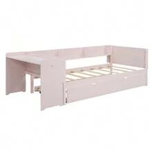 Flat Bed 90 X 200 Cm With Pull-Out Bed, Integrated Desk And Three Side Shelves, Pink. - 粉色 - 查看 7
