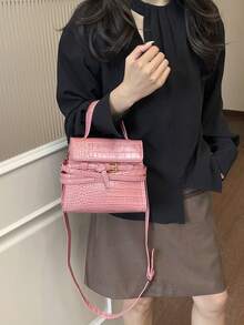 女款方形手提包，時尚極簡復古優雅 PU 鱷魚壓紋布料，斜跨包，適合女性、女孩、大學生，購物、通勤，粉紅色 - 粉色 - 查看 4