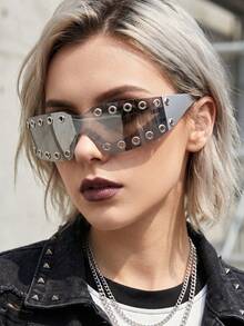 Lunettes décoratives sans monture punk sombres à rivets, style mode street Y2K millénaire hot girl tech, lunettes de mode punk européen et américain pour pose de fête, design bicolore contrasté, lunettes de mode street hip-hop pour fête et festival de musique - Multicolore - Voir 1