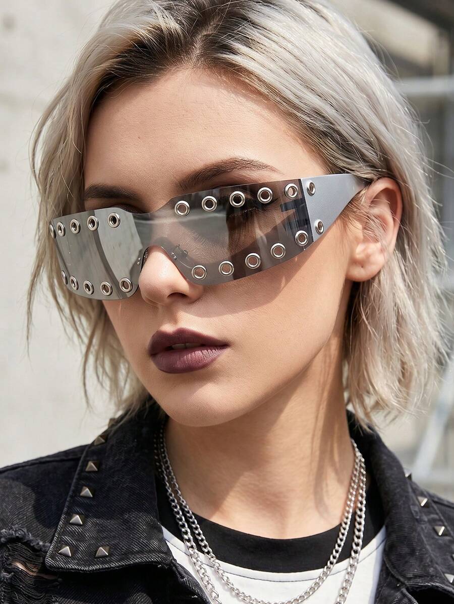 Lunettes décoratives sans monture punk sombres à rivets, style mode street Y2K millénaire hot girl tech, lunettes de mode punk européen et américain pour pose de fête, design bicolore contrasté, lunettes de mode street hip-hop pour fête et festival de musique - Multicolore - Voir 1