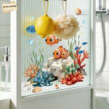 1pc, 39*40cm, 2D Flat Print Ocean Style Clownfish Coral Seaweed Shell Window Sticker Creative Self-Adhesive Removable PVC Glass Decal, Living Room Bedroom Dining Room Bathroom Door Window Glass Decoration Sticker - Multicolor - View 6