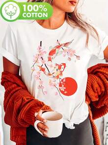 Women's Cherry Blossom And Koi Fish Print T-Shirt - Short Sleeve, Round Neck, Red Design, Lightweight And Breathable For Spring And Summer, Ladies' T-Shirts - White - View 1
