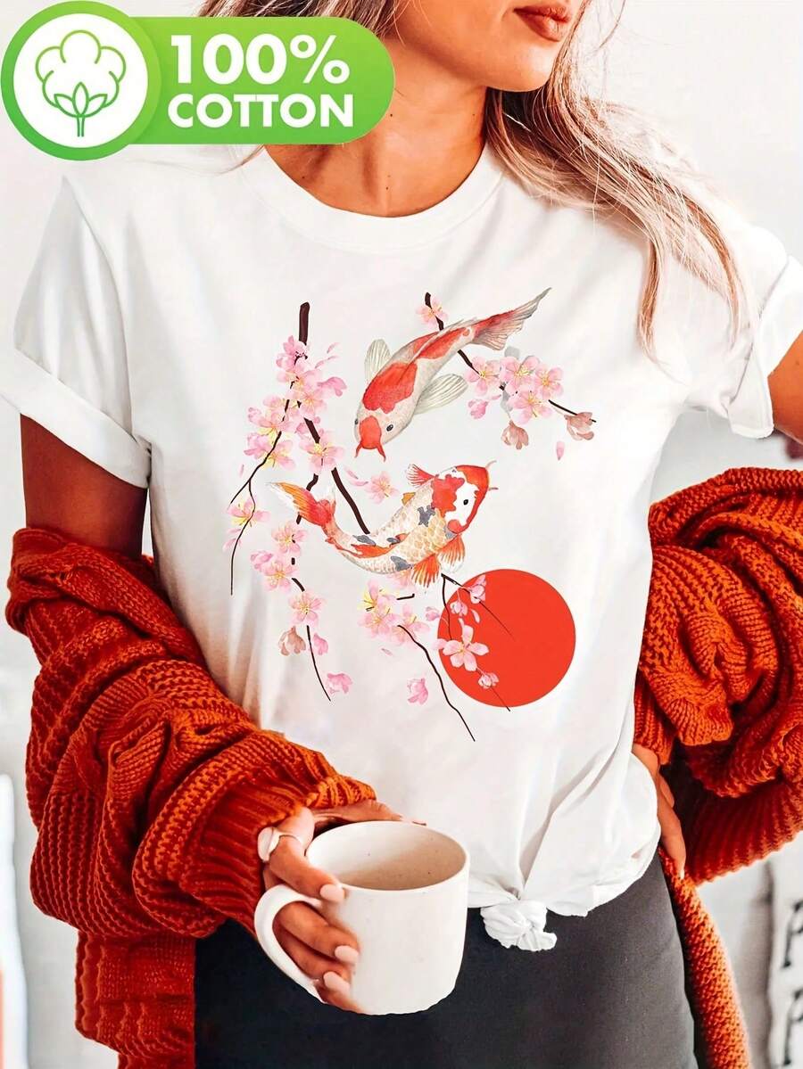Women's Cherry Blossom And Koi Fish Print T-Shirt - Short Sleeve, Round Neck, Red Design, Lightweight And Breathable For Spring And Summer, Ladies' T-Shirts - White - View 1