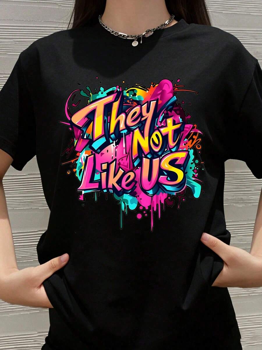 Men's Cotton T-Shirt, Summer 2026, Tops For Teenage Girls, Graffiti Style 'They Not Like Us', Urban Fashion Graphic T-Shirt For Women And Men, Urban Art Design - 黑色 - 查看 1