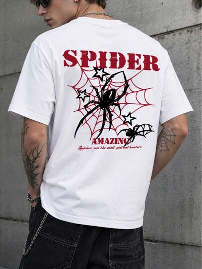 Men's Y2K Street Style Spider Print Short Sleeve Round Neck T-Shirt, Casual, Daily Wear, American, Dark Rebellious Vibe, Home, Office, Outdoor, City, Regular, Leisure, Youth, Minimalist, Campus, Retro, Versatile, Texture, Elegant, Personalized, Sports
