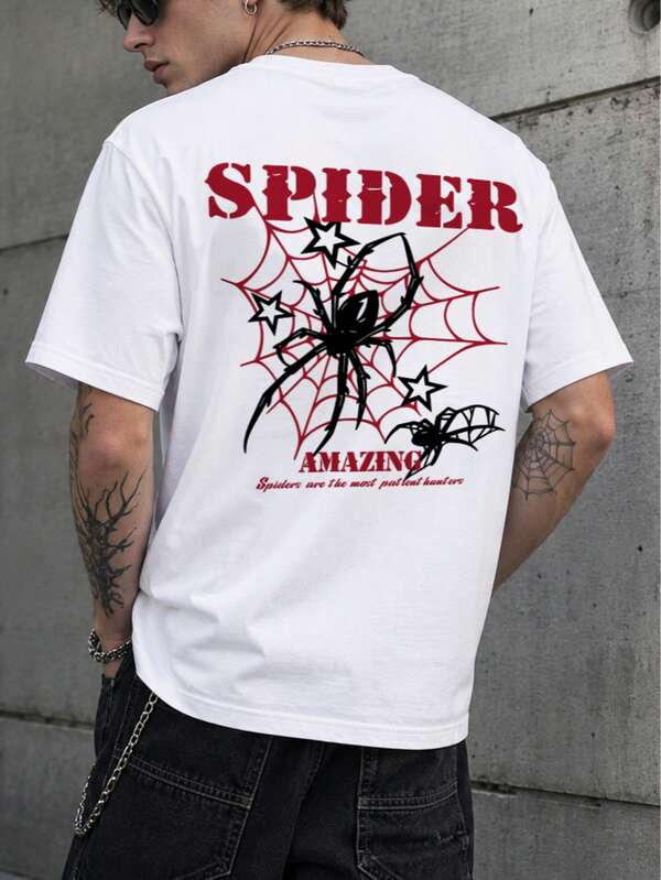 Men's Y2K Street Style Spider Print Short Sleeve Round Neck T-Shirt, Casual, Daily Wear, American, Dark Rebellious Vibe, Home, Office, Outdoor, City, Regular, Leisure, Youth, Minimalist, Campus, Retro, Versatile, Texture, Elegant, Personalized, Sports