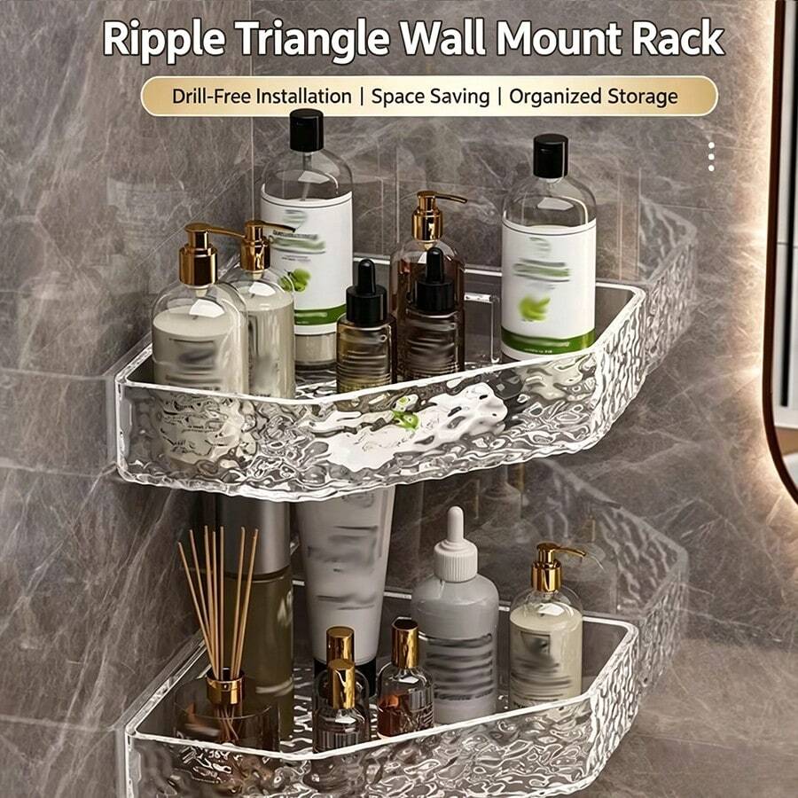 Scaffale da bagno trasparente con effetto increspature d'acqua, mensola angolare triangolare da parete senza foratura per toilette e bagno - trasparente - Visualizzare 1