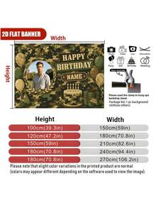 可客製化姓名與照片迷彩主題生日背景布，迷彩氣球、蛋糕、禮物盒、派對帽裝飾，適用於生日派對、軍迷主題生日、軍事主題派對攝影乙烯基背景布 - B款 - 查看 6