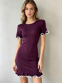 2026 New Short Sleeve Ruffle Knit Dress, Slim Fit, Solid Color, Summer Clothes For Women. - 酒紅色 - 查看 3