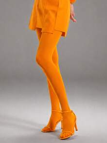 Women's Orange Opaque Stirrup Tights, High Waist Stretch Pantyhose For Costumes, Dance & Colorful Outfits - Multicolor - View 4