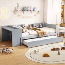 Flat Bed 90 X 200 Cm With Pull-Out Bed, Integrated Desk And Three Side Shelves, Pink. - 灰色 - 查看 9