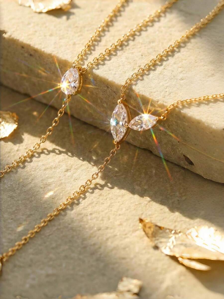 1pc Fashionable Versatile Women's Stainless Steel Rhinestone Teardrop Necklace - Luxurious Women's Charm Jewelry, Suitable For Daily And Party Wear - Multicolor - View 1