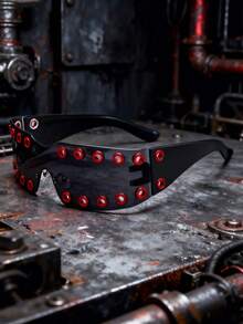 Lunettes décoratives sans monture punk sombres à rivets, style mode street Y2K millénaire hot girl tech, lunettes de mode punk européen et américain pour pose de fête, design bicolore contrasté, lunettes de mode street hip-hop pour fête et festival de musique - Multicolore - Voir 6