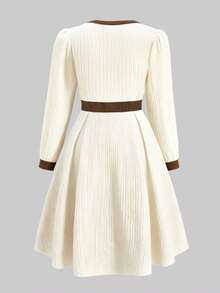 Girls' Contrast Texture V-Neck Pearl Button Long Sleeve Princess Dress, Suitable For Spring/Autumn, Gentle Style For Hospital Discharge And Family Gatherings - Apricot - View 6