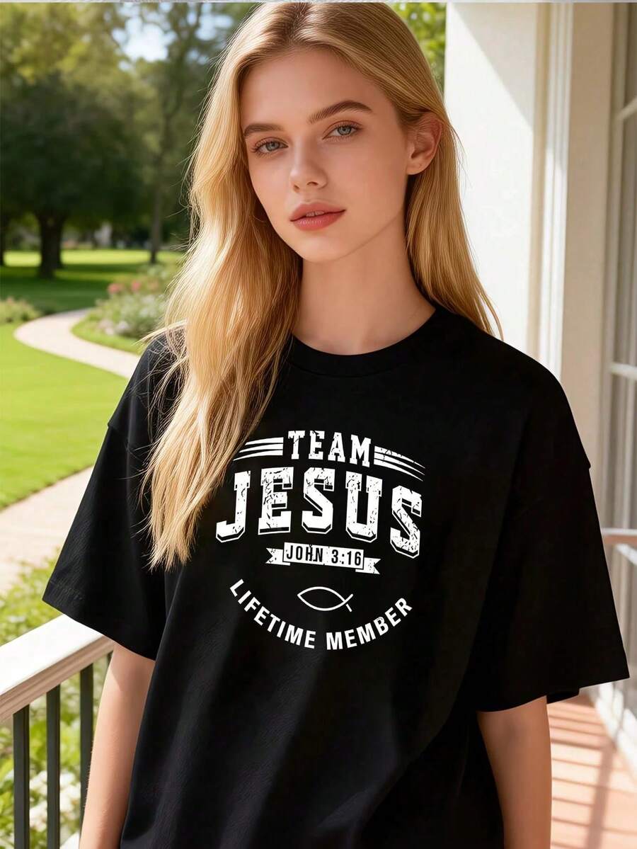 Men's Cotton T-Shirt, Summer 2026, Tops For Teens, Women, Oversized Short-Sleeved T-Shirt Made Of Pure Cotton, Casual, With Religious Graphic Print Of Jesus - 黑色 - 查看 1