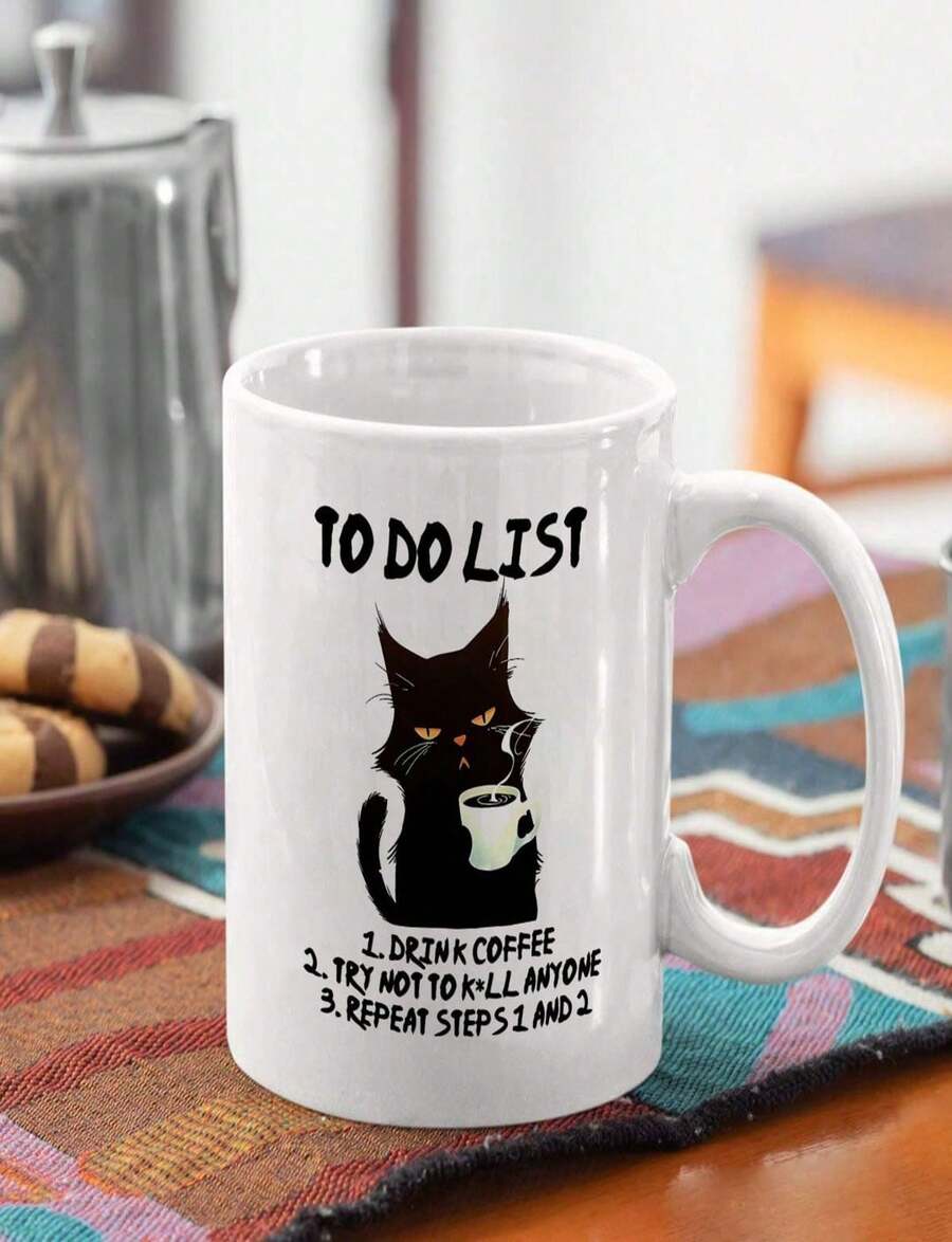 Charming Black Ceramic Coffee Mug With Humorous To-Do List Design - Dishwasher Reusable Drinkware Coffee Tea - Funny Ide - Blanco - Ver 1
