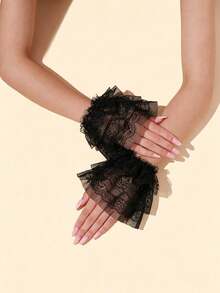 1 par de muñequeras de encaje para mujer primavera/verano, calentadores de muñeca elásticos decorativos, guantes de media-dedo con mangas de trompeta con pestañas - Multicolor - Ver 11