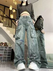Celana Jeans Kargo Wanita Model Longgar Kasual dengan Motif Grafiti Acak untuk Musim Gugur - Biru - View 6