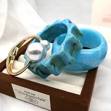 GNIT Light Blue Marble Pattern Resin Double Pearl Gold Cuff Bracelet Set, Women's, 3pcs/1pc Stackable Thick Curved & Wavy Wide Bracelet, Beach Summer Style - Sky Blue, Golden Pearl, Blue-brown Stripes - View 8
