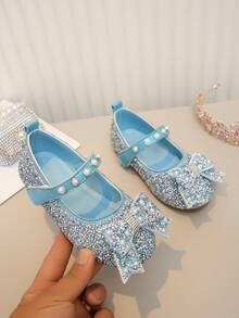 Girls' Pearl & Rhinestone Princess Shoes With Bow Decor, Soft Sole, Casual Versatile For Spring, Summer, Autumn - Blue - View 1
