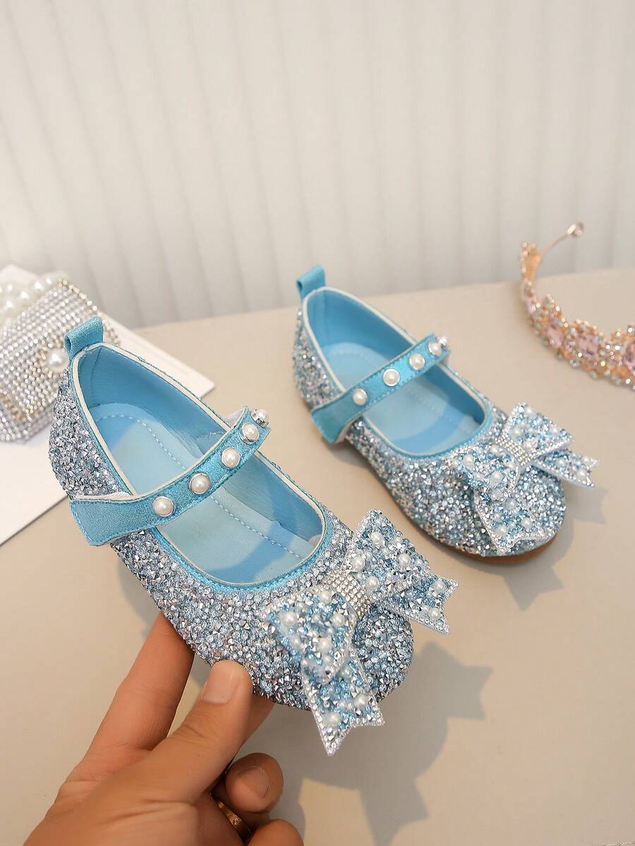 Girls' Pearl & Rhinestone Princess Shoes With Bow Decor, Soft Sole, Casual Versatile For Spring, Summer, Autumn - Blue - View 1
