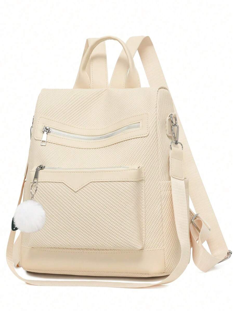 Backpack With PU Pom-Pom Decoration, Multifunctional Fashion Backpack For Women, Handbag, Shoulder Bag, Large Capacity, Multiple Pockets, Multi-Layer, Short Travel Bag - Dark Wash - View 1