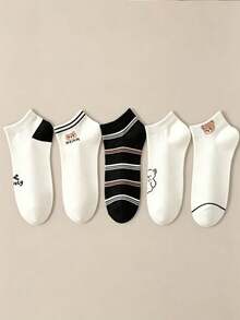 5 Pares de Meias Curtas com Estampa de Urso de Desenho Animado, Estilo Japonês Minimalista, Algodão, Casual, Esportivas, Cano Baixo, para Mulheres - Multicolorido - Visão 2