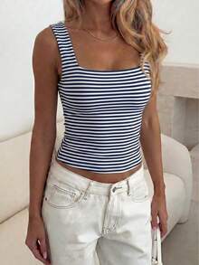 Women's Solid Color Square Neck Fitted Casual Camisole, Minimalist Retro Solid Color Vest, Summer Fashion Backless Knit Camisole, Casual Versatile, Suitable For Work Commute - Blue and White Stripes - View 11