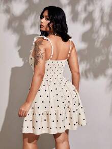 Viva Relle Vestido elegante y romántico para mujeres de talla grande, con cuello en V profundo, estampado de lunares, volantes en el bajo y lazo - Albaricoque - Ver 7