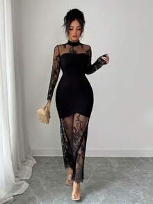 Nuevo vestido elegante y sexy de manga larga con encaje calado, ceñido a la cintura, de corte ajustado tipo sirena, de alta gama y elástico, - Champán - Ver 8