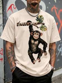 Men's Loose Fit T-Shirt, Smiling Black Chimpanzee Hanging With One Hand From A Birch Branch, Short Sleeve Summer Jungle Style Casual Streetwear T-Shirt. - 杏色 - 查看 6