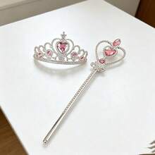 2pcs Pink Heart Rhinestone Crown And Snowflake Magic Wand Set, Princess Style Accessories - Pink - View 1
