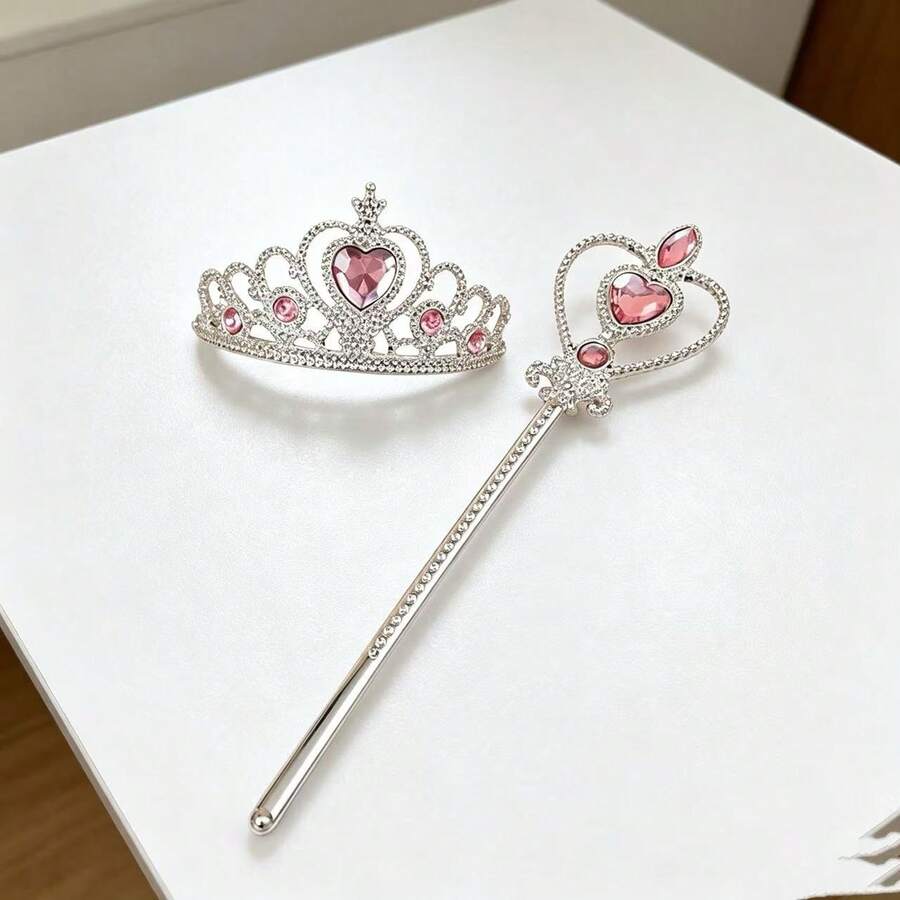 2pcs Pink Heart Rhinestone Crown And Snowflake Magic Wand Set, Princess Style Accessories - Pink - View 1