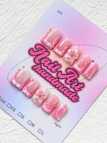 10pcs Handmade Square Shaped False Nails, Y2K Cool Style, Nude, White, Gold Color Options, White French And 3D Asymmetrical Design, With White French Edge, Carved Pink Flower Pattern, Gold Steel Beads, Shell, Pearl Elements, Suitable For Party, Wedding, Daily Wear, Comes With Tool Set, Perfect Gift For Women And Girls - Pink - View 3