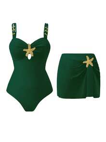 Swim 1 pieza Mono de baño casual con decoración de pentágrama lindo para mujer - Verde 2 - Ver 1