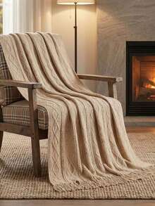1pc Solid Color Textured Knit Blanket, Nordic Style Acrylic Rectangular Dotted Nap Blanket, Sofa Throw, Small Blanket For Daily Use - Vertical Diamond Pattern Khaki - View 3