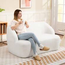 2-Seater Sofa, Curved Design, Tufted Sofa With Fleece Cover, For Living Room, Bedroom, Office, Cream White - White - View 2