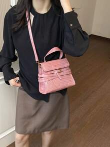 女款方形手提包，時尚極簡復古優雅 PU 鱷魚壓紋布料，斜跨包，適合女性、女孩、大學生，購物、通勤，粉紅色 - 粉色 - 查看 7
