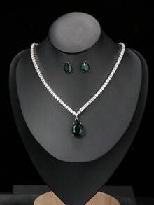 1 Set de 3 piezas Joyería de Moda de Alta Gama Minimalista con Collar y Aretes de Circonita, Colgante en Forma de Gota de Agua, Vestido de Novia Boda Compromiso Fiesta de Noche Vacaciones Uso Diario Regalo para Mujeres - gotitas de agua - Ver 17