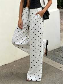 Damen Langhose für Frühling, Sommer und Herbst, lässige modische Polka-Dot-Hose mit weitem Bein, lockerer Passform, gerade geschnittene weite lange Hose im französischen eleganten Stil, geeignet für Shopping, Urlaub, tägliche Pendelfahrten und Schulanfang - Weiss - Übersicht 5