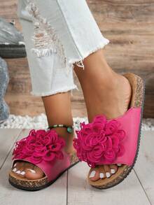 Sandalias de plataforma de corcho con strass y doble hebilla de punta abierta para mujer - Rosa Fucsia - Ver 3