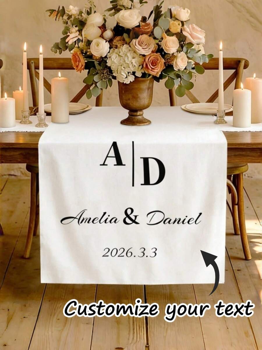Customized Personalized Wedding Table Runner And Welcome Banner, Suitable For Weddings, Receptions, Ceremonies, Woven Fabric, Customizable Text, Rectangular Table Decor, Suitable For Outdoor Events, Name/Date/Phrase Decoration - Multicolor - View 1