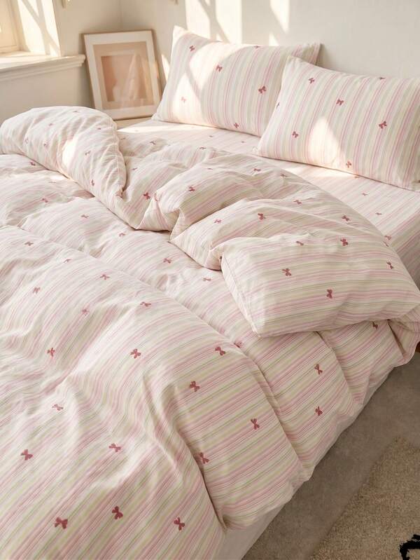 2/3Pcs Rainbow Striped Bow Print Duvet Cover Set, No Comforter Filler, Ultra Soft Breathable All Season Bedding, 1 Duvet Cover With 1/2 Pillowcases, Two Tone Design, Machine Washable, Twin/Full/Queen/King Size For Bedroom