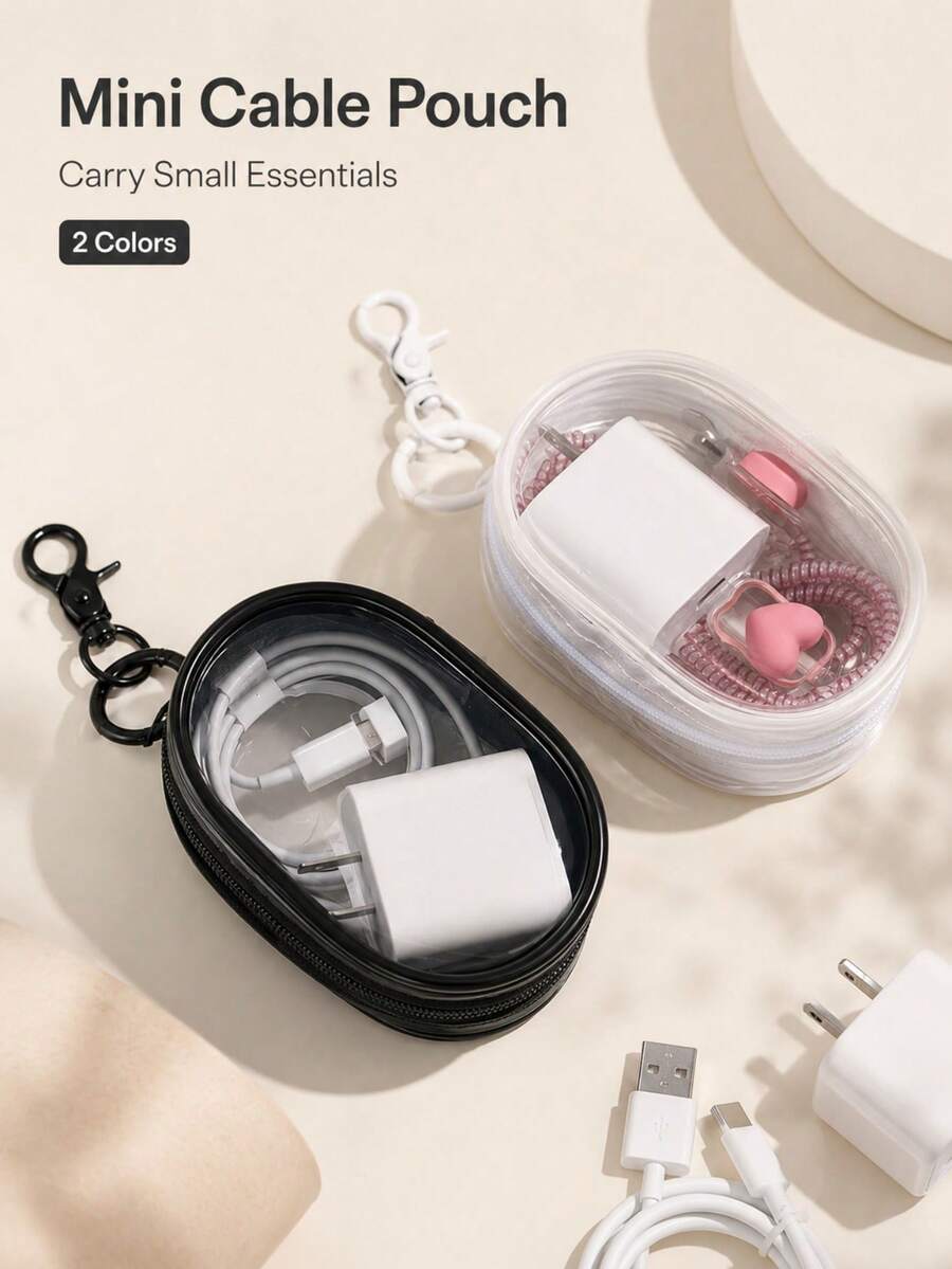 1/2pcs Portable Mini Transparent Zipper Storage Bag With Keychain, Clear Cable Organizer Pouch For Charger, Earbuds, Cables, Keys, Coins And Small Electronic Accessories, Travel Essential