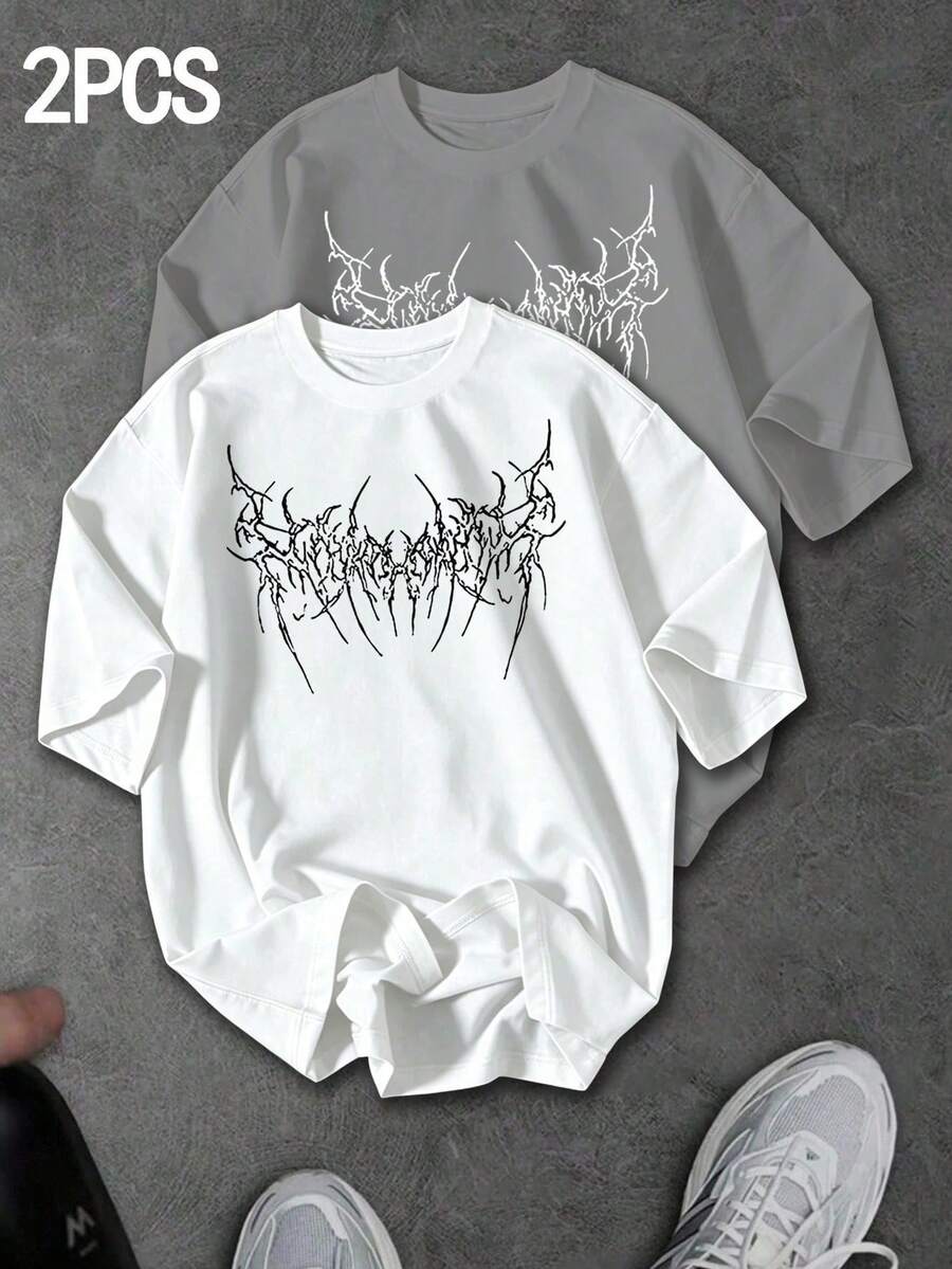 Sport MetroGents Men's Short Sleeve Thorn Print Sports T-Shirt, Summer Graphic Tees With Horror Designs, Band Tees, Custom Tees, Cam - Putih 3 - View 1