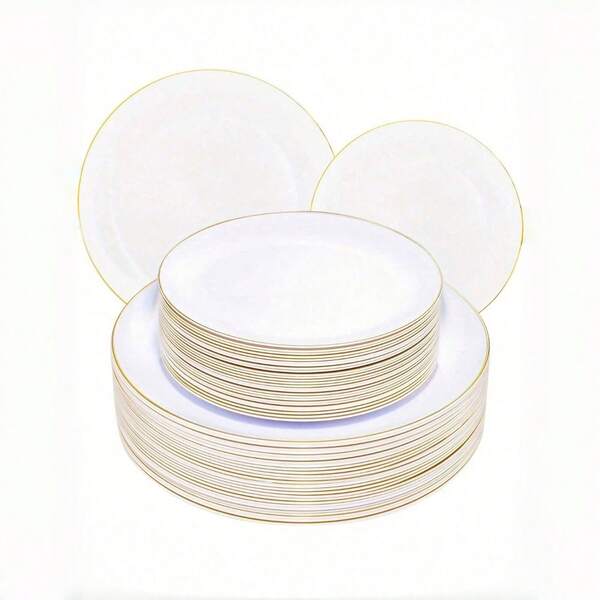 50/25/20/10pcs White Gold Rim Plate Set, 7.5 Inch/10.25 Inch Reusable Dinner Plates, Food Trays, Fruit And Snack Platters, Dessert And Salad Plates, Cheese And Candy Trays, Multi-Purpose Tableware For Parties, Weddings, Birthdays, Picnics, Holiday Events, Easy To Clean And Durable, Suitable For Elegant Home And Event Table Settings. Plastik Teller, Servierplatte, Kuchen Platte, Deko, Tablett Serviertablett, Service Plate