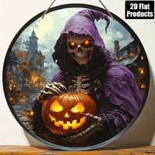 Hiasan Kayu Bulat Cetak Tengkorak Datar 2D, Tahan Air dan Tahan Lama, Dekorasi Pesta Halloween, Bar, Dapur, Ruang Tamu, Kantor, Ornamen Gantung Rumah untuk Berbagai Liburan - Lilac Purple - View 7