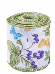 2捲 10碼綠色花卉鐵絲緞帶，復古野花手工緞帶，夏季緞帶，戶外花環蝴蝶結DIY包裝派對裝飾用品 - 綠色 - 查看 11